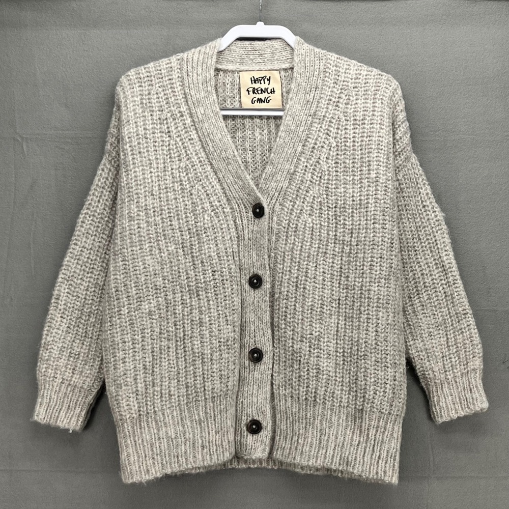 Happy French Gang Grey Alpaca Pima Cotton Chunky Knit Cardigan Sweater S/M